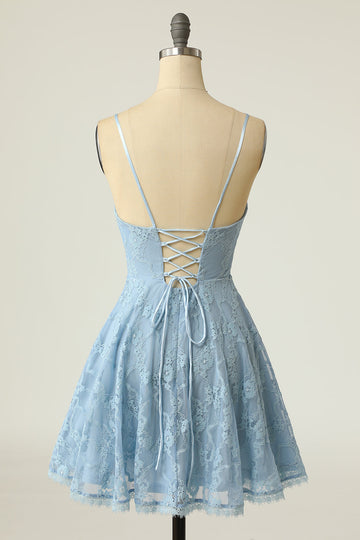 Spaghetti Straps Lace Blue Graduation Dress